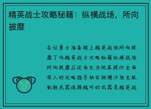精英战士攻略秘籍：纵横战场，所向披靡
